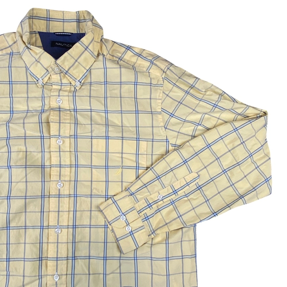 Vintage Nautica Mens L Y2K Yellow Blue Plaid Cotton Button Down Shirt Mauritius